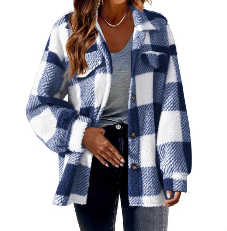Chaqueta de cuadros plush para mujer