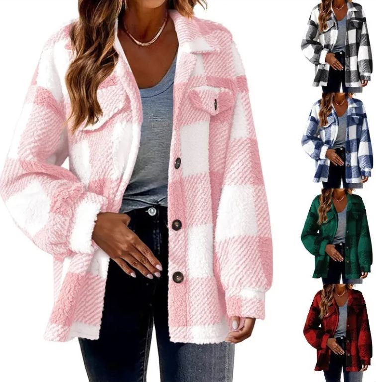 Chaqueta de cuadros plush para mujer