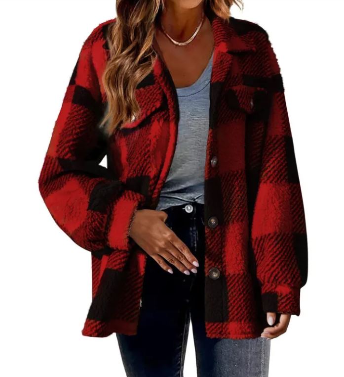 Chaqueta de cuadros plush para mujer